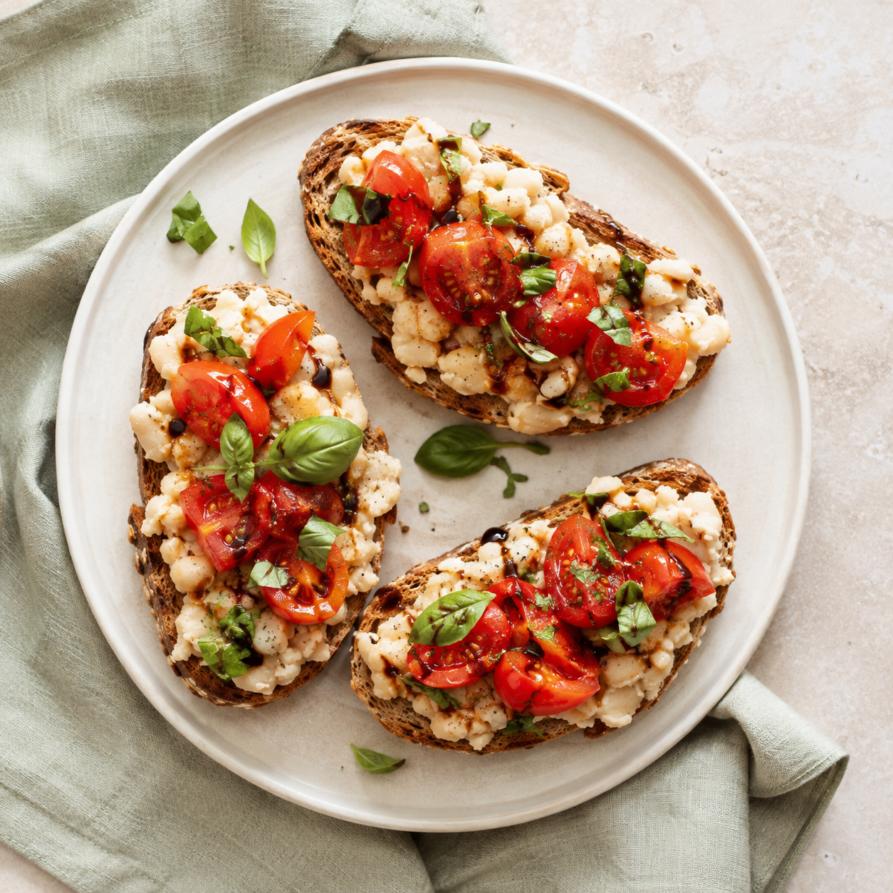 Volkoren bruschetta met witte bonen, tomaat en basilicum