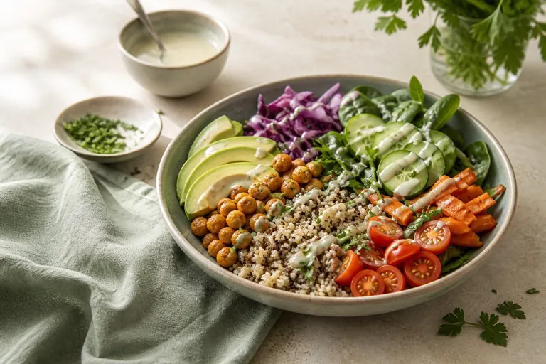 Kleurrijke quinoabowl met avocado, kikkererwten en verse groenten