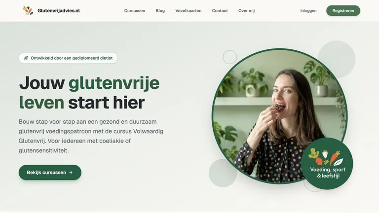 Hoofdpagina van Glutenvrijadvies.nl met de cursus Volwaardig Glutenvrij